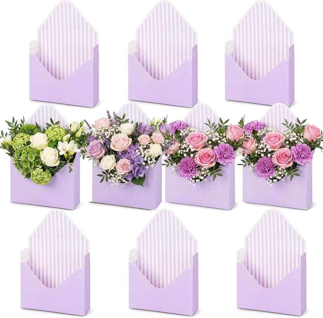Geyee 10 Pcs Graduation Florist Bouquet Envelope Boxes Class of 2026 Purple Flower Bouquet Packaging Gift Paper Wrapping Flower Bags for Arrangements Wedding Party Birthday, 9.3 x 3 x 13.8''