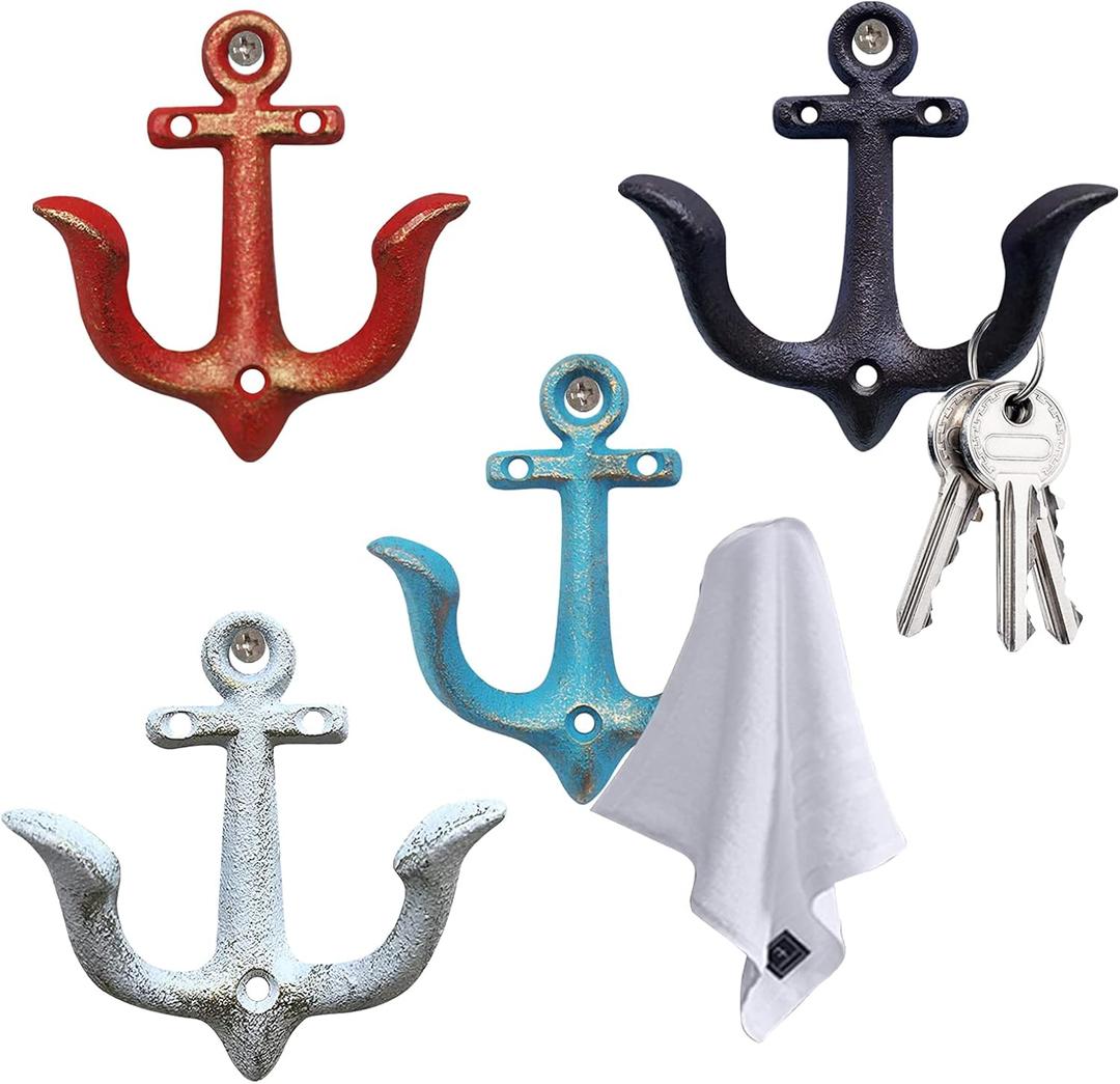 Notakia Vintage Rustic Cast Iron Nautical Anchor Design Wall Hooks Coat Hooks Rack, Decorative Wall Mounted Antique Shabby Chic Metal Towel Coat Hooks Hanger,Screws Included (4 PCS) (Mixed Color 4Pcs)