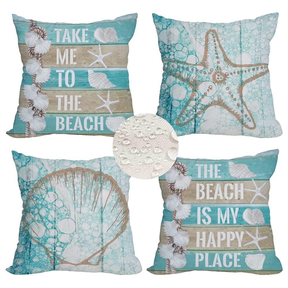 Qinqingo Outdoor Waterproof Throw Pillow Covers 24x24 inch Nautical Wood Beach Starfish Scallop Decorative Pillow Covers Coastal Theme Pillowcase for Patio Furniture Garden Set of 4, Turquoise Blue