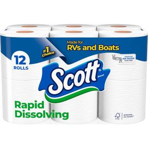 Scott Rapid-Dissolving Toilet Paper, 12 Double Rolls, Sustainable, Septic-Safe, Toilet Paper