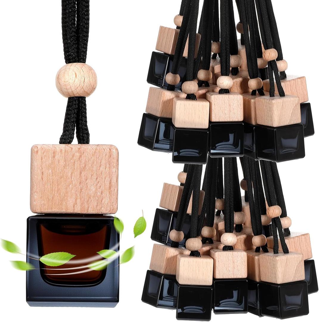 30Pcs Hanging Car Air Freshener Diffuser, Empty Refillable Clear Glass Essential Oil Fragrance Perfume Diffuser Pendant Glass Vials with Wooden Caps&String, Remove Auto Odor Long-Lasting Fresh Air