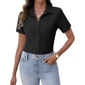 Zeagoo Women's Button Down Shirts Short Sleeve Dress Shirts Basic Business Collared Work Blouses (Black, L)