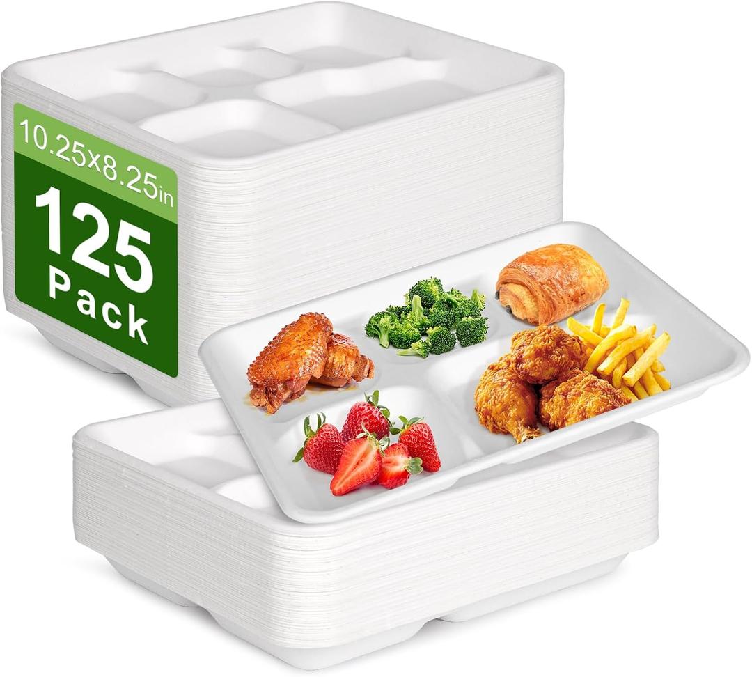Compostable 5 Compartment Plates Disposable, 10.25 x 8.25 inch, 125 Pack Divided Paper Plates Heavy Duty, Biodegradable Eco-Friendly Bagasse Sectional School Lunch Trays, White 10 inch