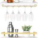 Mkono Wall Mounted Wine Rack Set of 2 White Wood Wine Bottle Glass Holder Floating Shelves with Stemware Hanger Modern Plants Photos Wine Display Storage Holder for Kitchen Dining Room Bar, 17 Inch (White and Gold)