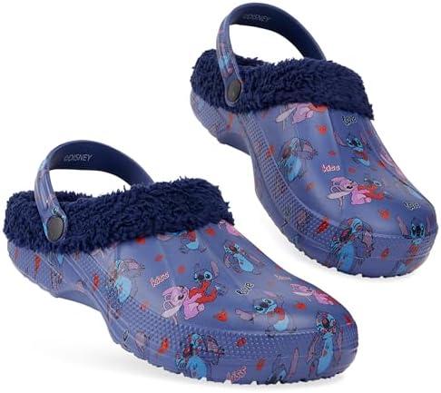 Disney Stitch Clogs for Women Winter Fleece Lining Warm Slip On Sandals Outdoor Garden Shoes with Strap Gifts for Women, 8.5-9