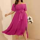 RWJ Women's Plus Size Dress for Cocktail Wedding Guest Formal V Neck Off The Shoulder Maxi Dress with Belt (Pink, XXXL)
