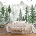 MFWFM Green Forest Wall Mural Watercolor Woodland Wallpaper for Nursery Room (Not Peel n' Stick)