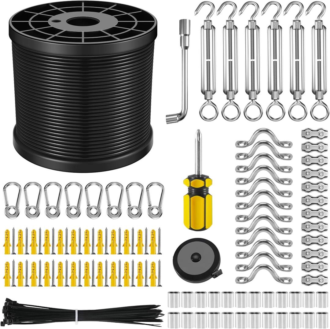 NEREUS String Light Hanging Kit with 250 Ft Vinyl Coated 304 Stainless Steel Cable, String Light Suspension Kit, Guide Wire with Turnbuckles and Hooks for Patio, Backyard Lighting Accessories