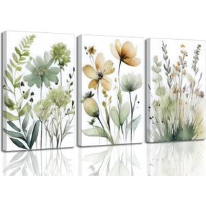 3Pcs Sage Green Botanical Canvas Wall Art Minimalist Flower Boho Floral Painting Picture Wall Decor Posters Prints Artwork For Living Room Bedroom Office Kitchen Home Decoration, 16L"x24W"