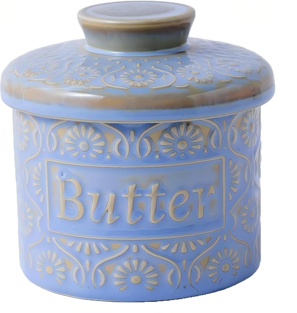 Ceramic Butter Crock with Lid, French Butter Dish with Water Line for Countertop, Butter Keeper for Spreadable Butter, Container Holder for Kitchen and Home Decor, 6.7 OZ,  Blue