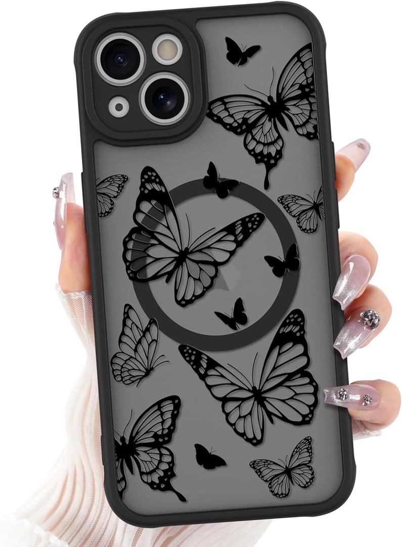 Designed for iPhone 13 Case, Black line Butterfly Pattern [Compatible with MagSafe] Semi-Transparent Frosted Soft TPU and PC Back Protection Ultra-Thin Phone case for Girls Women