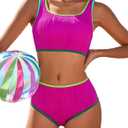 Charmo High Waisted Bikini Sets for Women Sporty Two Piece Swimsuits Color Block Neon Bathing Suit Swimwear 2026 (Medium, Rose Red)