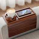 Bamboo Sofa Armrest Tray, Foldable Couch Arm Tray Side Table, 2 in 1 Anti-Falling Armrest Tables Cup Holder for Snacks, Drinks, Beers, Phone, Control, Flexible and Portable, Anti-Slip, (Brown)