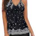 Century Star Two Piece Tankini Swimsuits for Women 2025 Modest Tankini Bathing Suit Tops Shorts Tummy Control Swimwear (6-8, B Black Broken Flower)