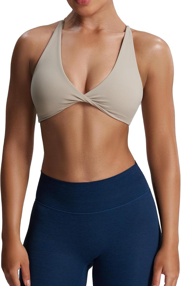 Aoxjox Women's Workout Sports Bras Fitness Metamorph Sienna Twist Bra Yoga Crop Tank (Beige, M)