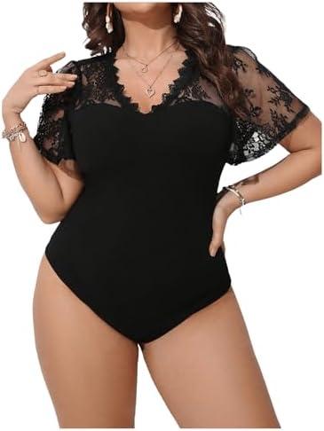 SHENHE Women's Plus Size V Neck Lace Flutter Short Sleeve Elegant Slim Blouse Bodysuit XL