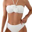 SHENHE Women's 2 Piece Halter Swimsuit 3D Flower Appliques Bandeau Tummy Control Bikini Set (Small, White)