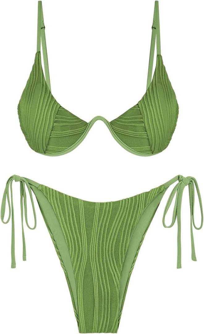 ZAFUL Women's Bikini Sets Ribbed Two Piece Swimsuits Underwire Adjustable Back Clasp Bathing Suit Side Tie Thong Swimwear (Medium, Green)
