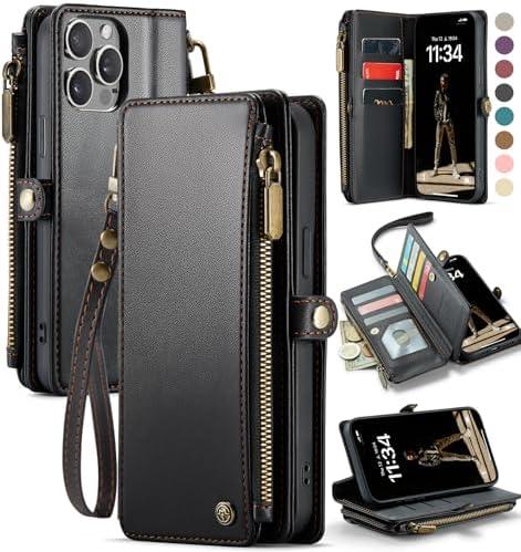 Defencase Compatible with iPhone 15 Pro Max Case Wallet with RFID Blocking Card Holder for Women Men, PU Leather Magnetic Snap Flip Zipper Strap Wallet Phone Case Fit for iPhone 15 Pro Max 6.7", Black