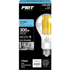 Feit Electric High Lumen A23 LED Light Bulb, 33W (300W Equivalent), 4060 Lumens, 5000K Daylight, Clear Glass, 17,000-Hour Lifetime, Ideal for Commercial or Residential Use, OM300/CL/850/FIL