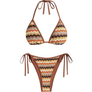 ZAFUL Women's Colorblock Stripes Triangle Halter Tied Cheeky Thong Bikini Set High Cut Two Piece Bathing Suit (Medium, 1-coffee)