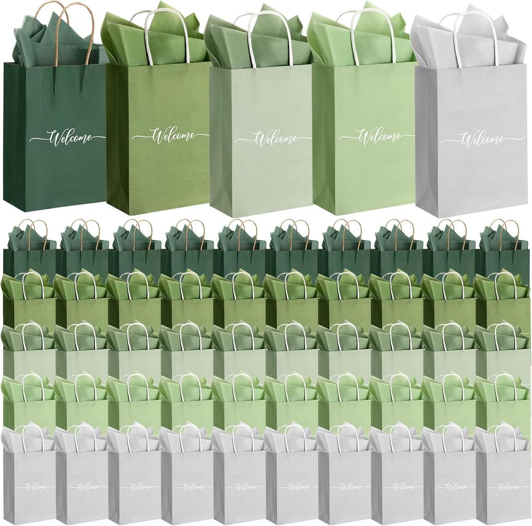 Kolldenn 50 Sets Sage Green Wedding Welcome Bags Bulk Handle Tissue Paper 8.6"x5.9"x3.2" Paper Church Welcome Bag Kraft Gift Bag for Visitors Hotel Guest Birthday Baby Shower Bridal Bridesmaid Party