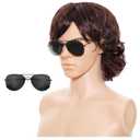 Gvhntk Mens Short/Long Curly Brown Wig 70s 80s Rocker Wig with Glasses Cosplay Costume Hair Halloween Costume Anime Wigs