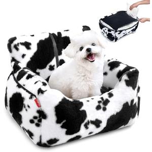BurgeonNest Dog Car Seat for Small Dogs, Detachable and Washable Cat Carseats Under 25 lbs, Soft Pet Booster Seats with Storage Pockets and Clip-On Leash Portable Car Travel Carrier Bed, Milk Cow