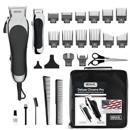 Wahl Clipper USA Deluxe Corded Chrome Pro Complete Hair & Trimming Kit
Complete Home Haircutting Kit Includes Corded Hair Clipper, Cordless Battery Beard Trimmer & Styling Shears - Model 3029682