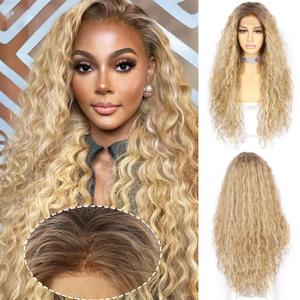 SAPPHIREWIGS Curly Lace Front Wigs Synthetic Water Wave Wigs for Women Heat Resistant Hair Replacement Wig Highlight Blonde with Dark Root Wet and Wavy Pre Plucked Hairline 26inch
