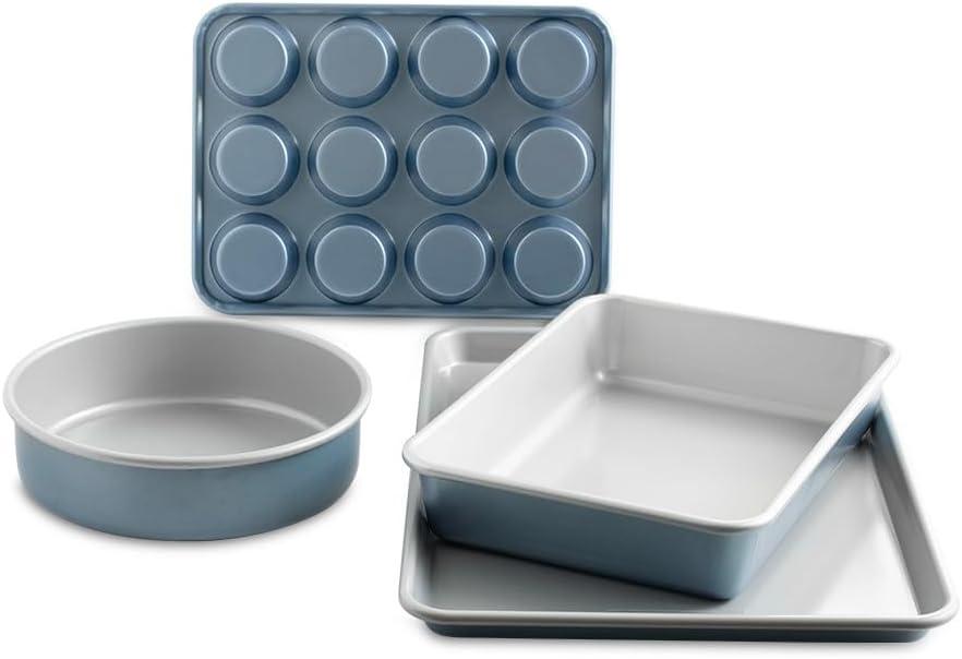 Nordic Ware Brilliant™ Colorful 4-Pc Baking Set, Nonstick made without PFAS or PTFE for safe cooking; Reinforced steel rim prevents warping; Half Sheet, 9x13 Inch Pan, 9-Inch Round Pan and Muffin Pan, LPNPMGV0092078, Dents