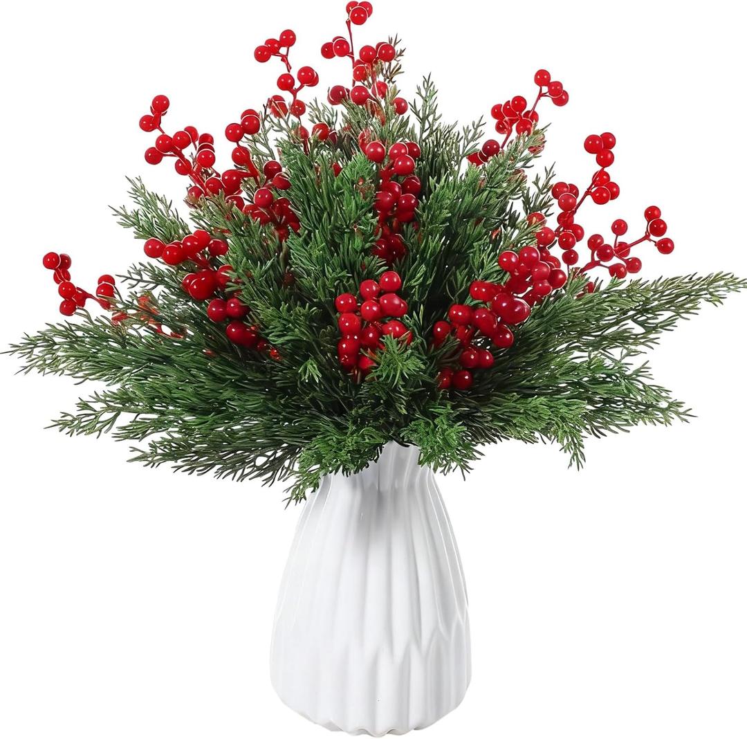 Ceenna 60 Pcs Artificial Christmas Flowers Christmas Artificial Pine Branches Fake Pine Picks Leaves Greenery Stems Berry Stems Set for DIY Craft(Pine,9.85 Inch)