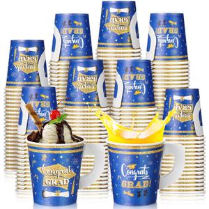 Maxcheck 75 Pcs Graduation Decorations 7 oz Ice Cream Paper Cups with Handles Bulk Congrats Grad Disposable Class of 2026 Cold Chocolate Beverage Tea Coffee Cups for Holiday Party Supplies(Blue)