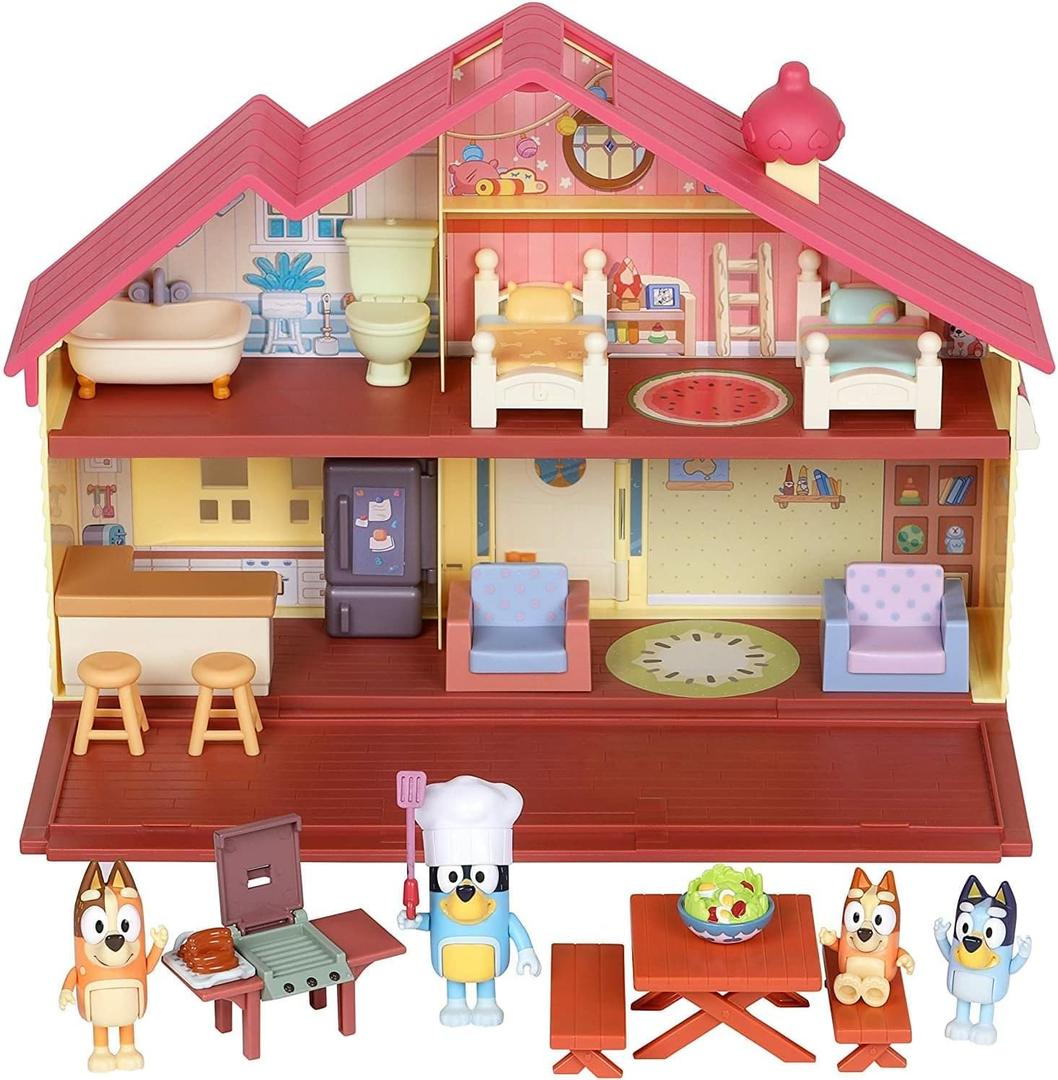 Bluey Mega Bundle Family Home & BBQ Playset, 4 Figures (Bluey, Bingo, Bandit, Chilli), 13+ Removable Furniture Pieces, Outdoor Patio, Accessories, Imaginative Playset for Kids 3+