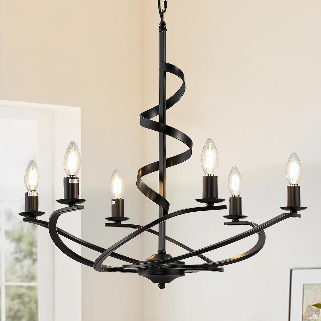 Modern 6-Lights Spiral Black Farmhouse Chandeliers Light Fixture, 25.6 inch Industrial Hanging Lamp Ceiling Pendant Light Decor for Kitchen Island Dining Room Living Room Foyer Entryway Staircase