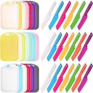 Dandat 60 Pcs Kids Knife Set Kids Plastic Knife with Cutting Board Toddler Knifes Serrated Edges Kids Chopping Board Kids Cooking Utensils for Salad Fruit Preschool Cooking Class Party