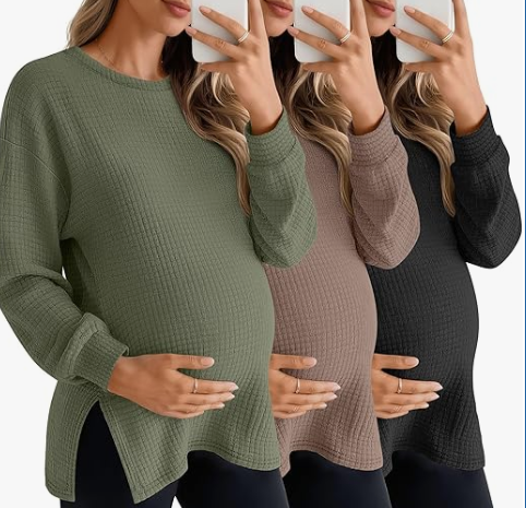 Sweetyweee 3 Pack Women's Maternity Shirts Long Sleeve Waffle Knit Side Split Oversized Tops Pregnancy Clothes Fall Tees(Army Green, Coffee, Black,Medium)