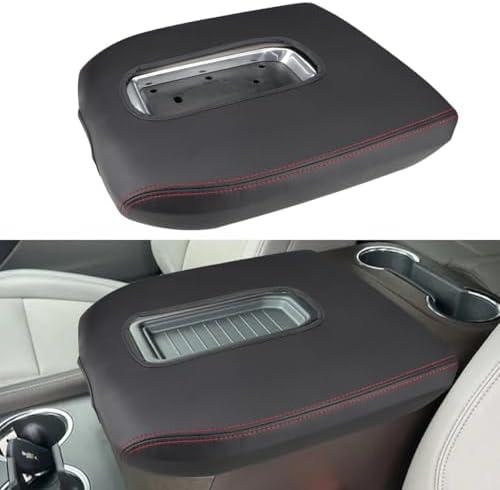 INTGET Center Console Cover for Chevy Silverado & GMC Sierra Accessories 2019 2020 2021 2022 2023 2024 2025 Leather Armrest Lid Arm Rest Box Protector (Red Stitches, Bucket Seat 19-25)