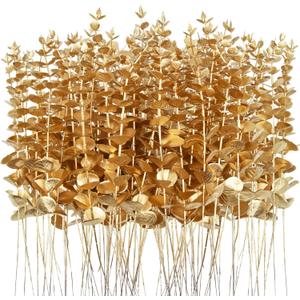 96 Pcs Gold Eucalyptus Stems Faux Greenery Leaves Bulk Artificial Eucalyptus Stems 15 inch with Gold branchs Decor for Wedding Bouquet Centerpiece Home Decoration
