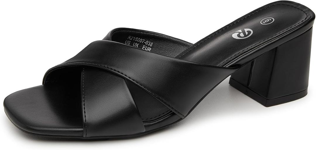 Rekayla Women's Square Open Toe Heels Heeled Sandals Low Block Chunky Heels Cross Strap Slip on 2.5 Inch Heel Sandals Comfortable Casual Summer Mules Shoes, Black US 9.5