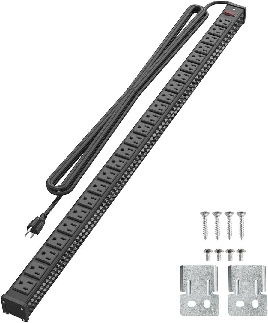 QBA 24 Outlet Metal Power Strip, Extra Long Heavy Duty Power Strip with 10FT Extension Cord, Mountable for Warehouse Garage Workench, ETL Listed, Black