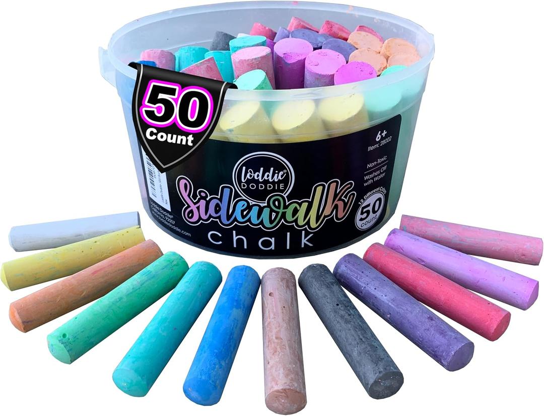 Loddie Doddie 50ct Sidewalk Chalk for Kids - 12 Colors Non-Toxic Jumbo Sticks in Reusable Bucket - Easy Clean Up for Fun & Creativity (Multicolor)