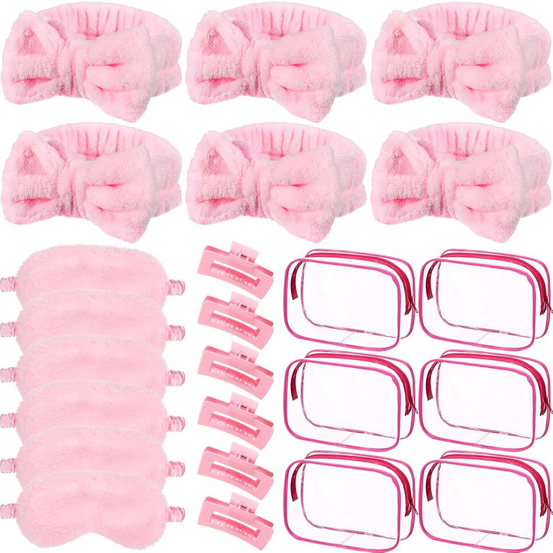 Hoteam 24 Pcs Spa Party Favors Supplies 6 Spa Headband 6 Plush Sleep Eye Mask 6 Hair Claw Clips 6 Clear Cosmetic Bags for Adult Sleepover Slumber Party Graduation Gift(Pink)