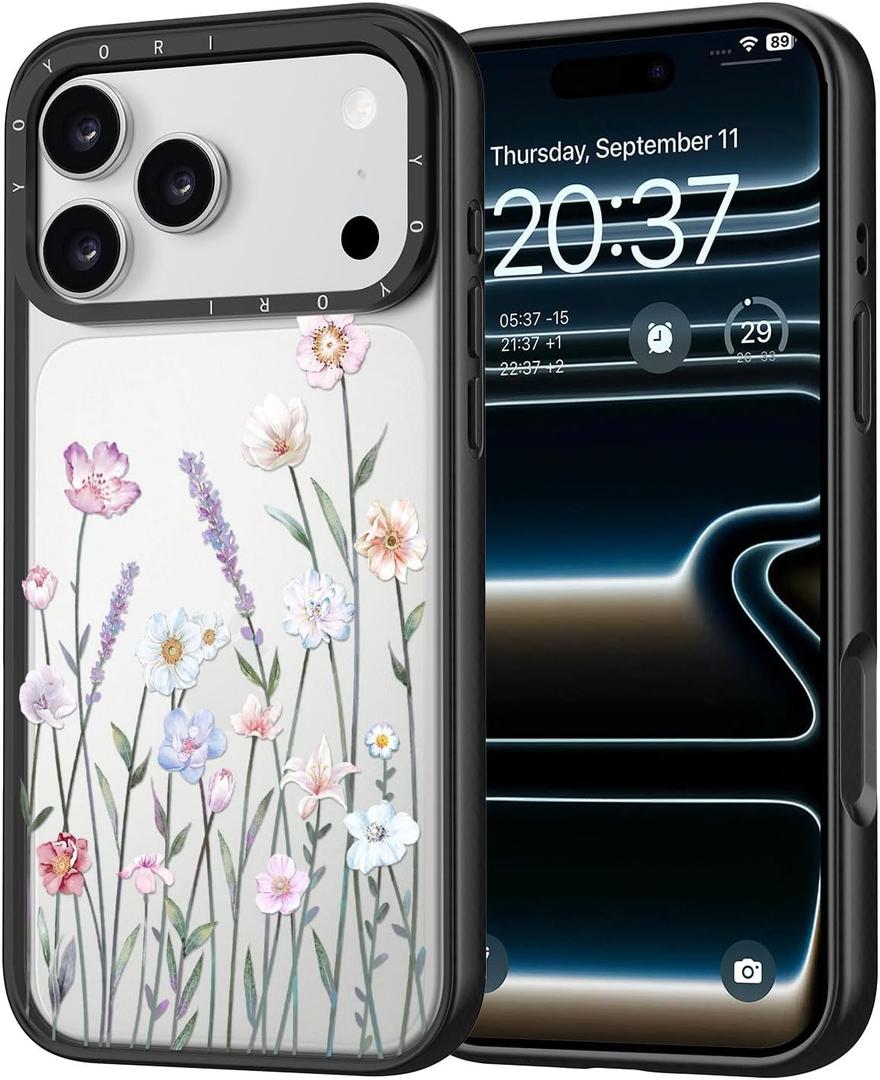 for iPhone 17 Pro Case - [6.6 ft Military-Grade Drop Protection] [Anti-Peel Technology] Clear Black TPU Bumper Case with Cute Design (Blooming Flowerets)