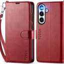 TUCCH Wallet Case for Galaxy S25 Plus, Lanyard [Wriststrap] Magnetic PU Leather Stand [RFID Blocking] Card Slot Flip Cover with TPU Inner Case Compatible with Galaxy S25 Plus, Dark Red with Wristlet