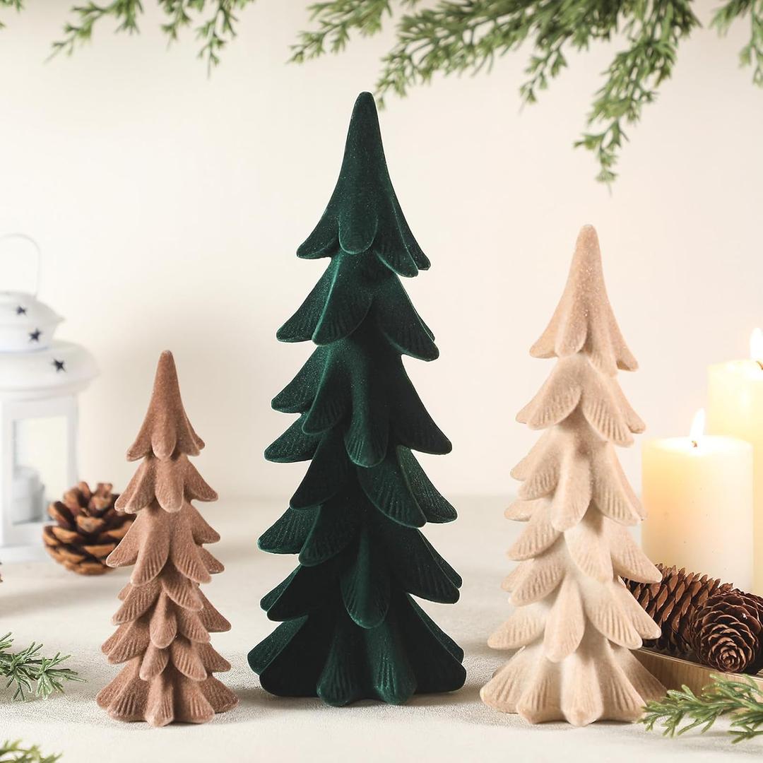 Velvet Christmas Tree Figurines Set of 3 - Tabletop Christmas Tree Figurine Decorations for Indoor Statues Decorative Fireplace Holiday Centerpieces Gifts (Khaki, Brown, Green)