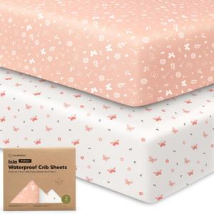 2-Pack Waterproof Baby Crib Sheets for Boys, Girls - 52x28 Viscose Derived from Bamboo Toddler Bed Sheet Neutral, Fitted Crib Mattress Protector Cover for Baby Bedding, Soft & Gentle (Butterflies) (Green)