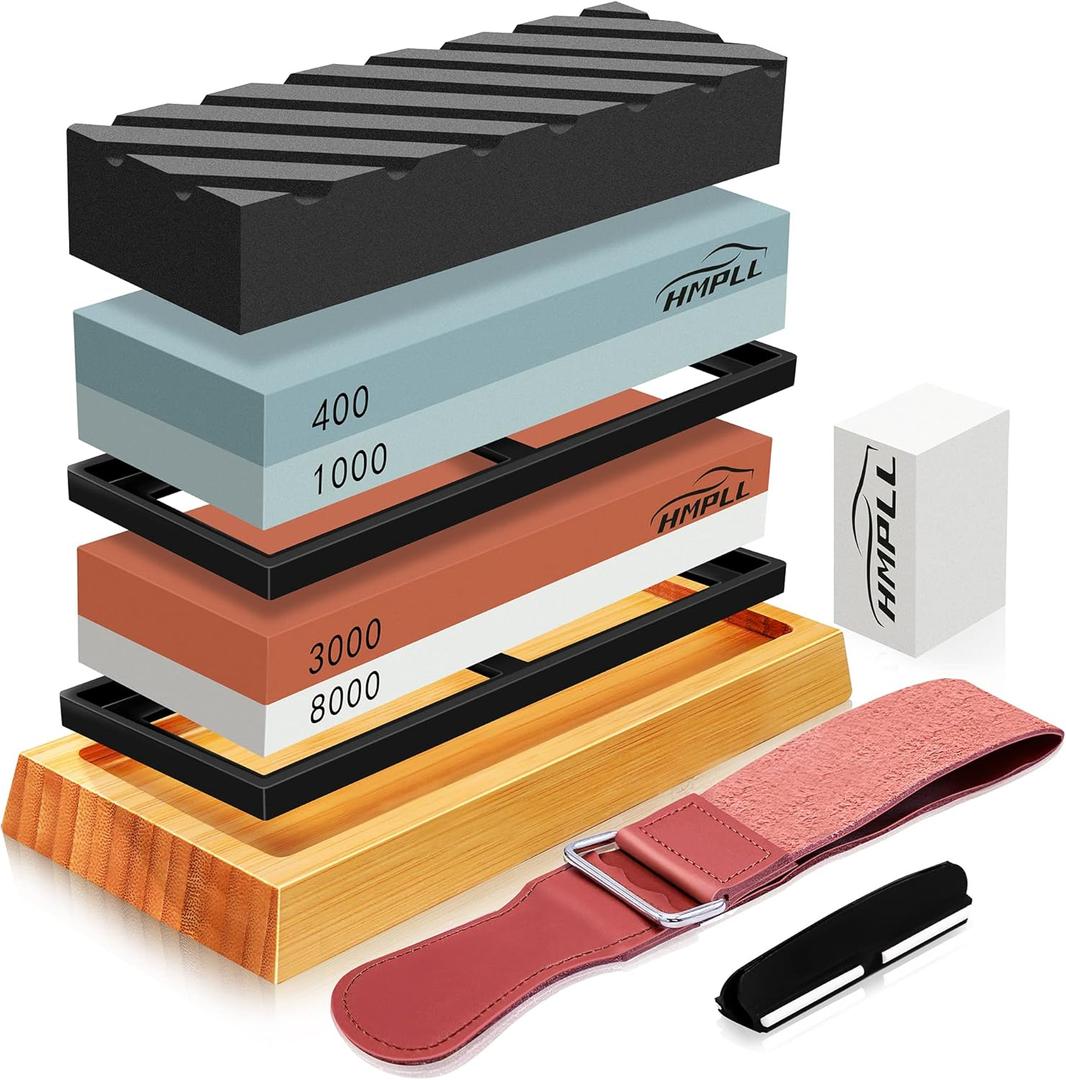 HMPLL Knife Sharpening Stone Set, Professional Whetstone 4 Side Grit 400/1000 3000/8000, Whetstone Knife Sharpener Stone Set Include Non-slip Base, Leather Strop, Flattening Stone & Angle Guide