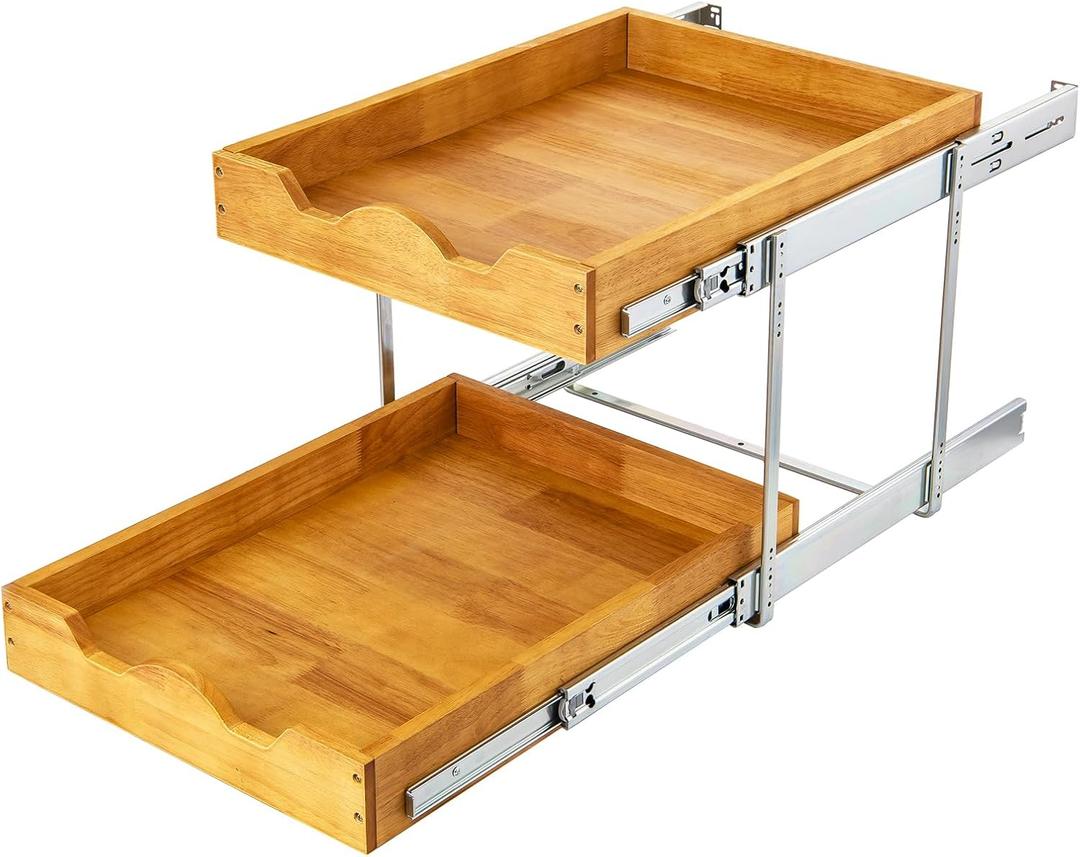DINDON 2 Tier Pull Out Cabinet Organizer (20" W x 18" D) Double Tier Slide Out Wood Drawer Under Cabinet Storage And Organization