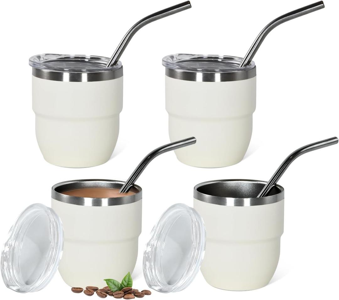 4 oz Stackable Cup, 4 Pack Mini Tumbler Shot Glass with Straw and Lid,Stainless Steel Espresso Cups-Vacuum Insulated Coffee Cup for for Wedding Party Whiskey Cocktail Bar, White (Small)
